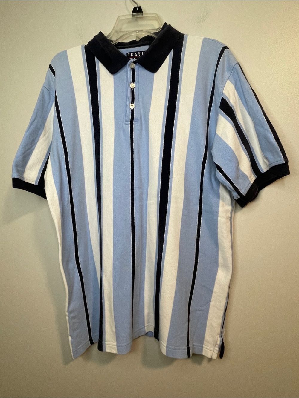 Trader Bay Men’s Light Blue, White & Navy Striped Polo